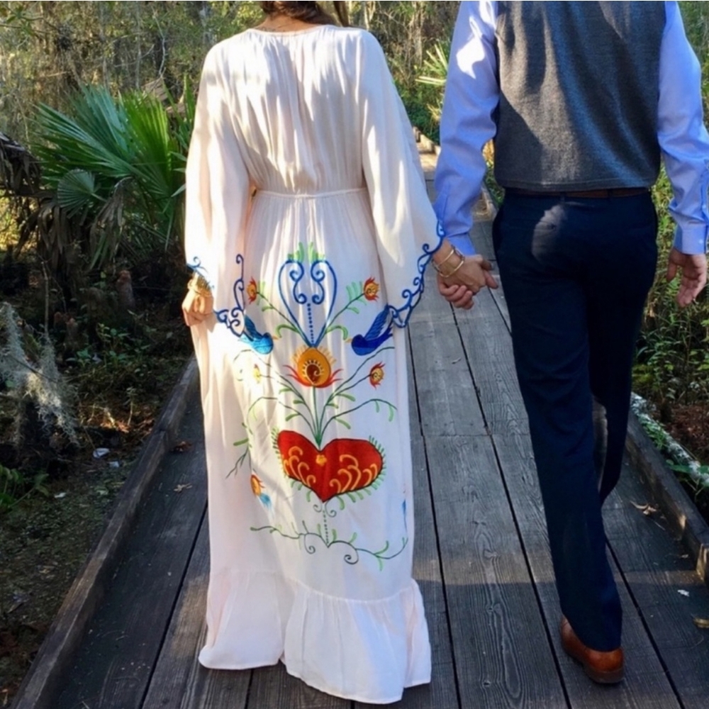 5 Star ⭐️ Favorite Boho Embroidered Hearts Magic Kimono Long Maxi Gown - Picture 2 of 8
